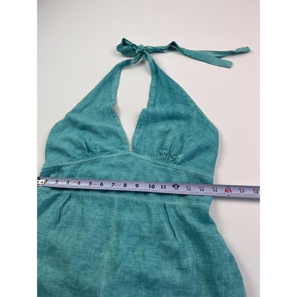 Made in Italy Linen Halter Jumpsuit Size M Wide Leg Open Back Teal Beachy Summer - Picture 8 of 13